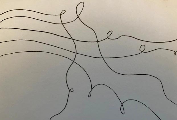 A continuous line drawing creating smooth shapes on the page.