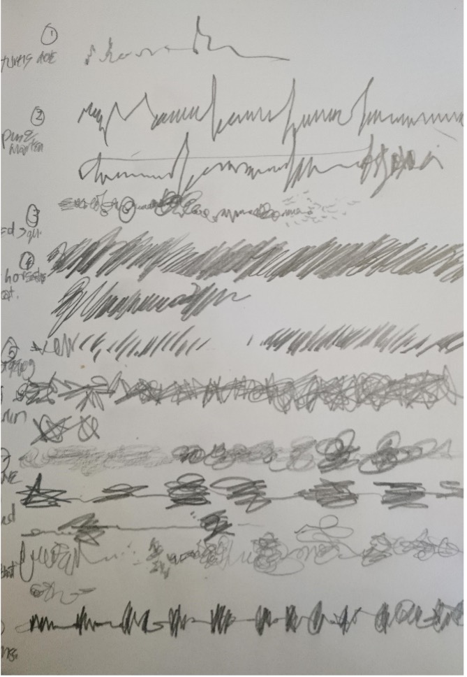 A series of lines on the page creating rhythms and marks.